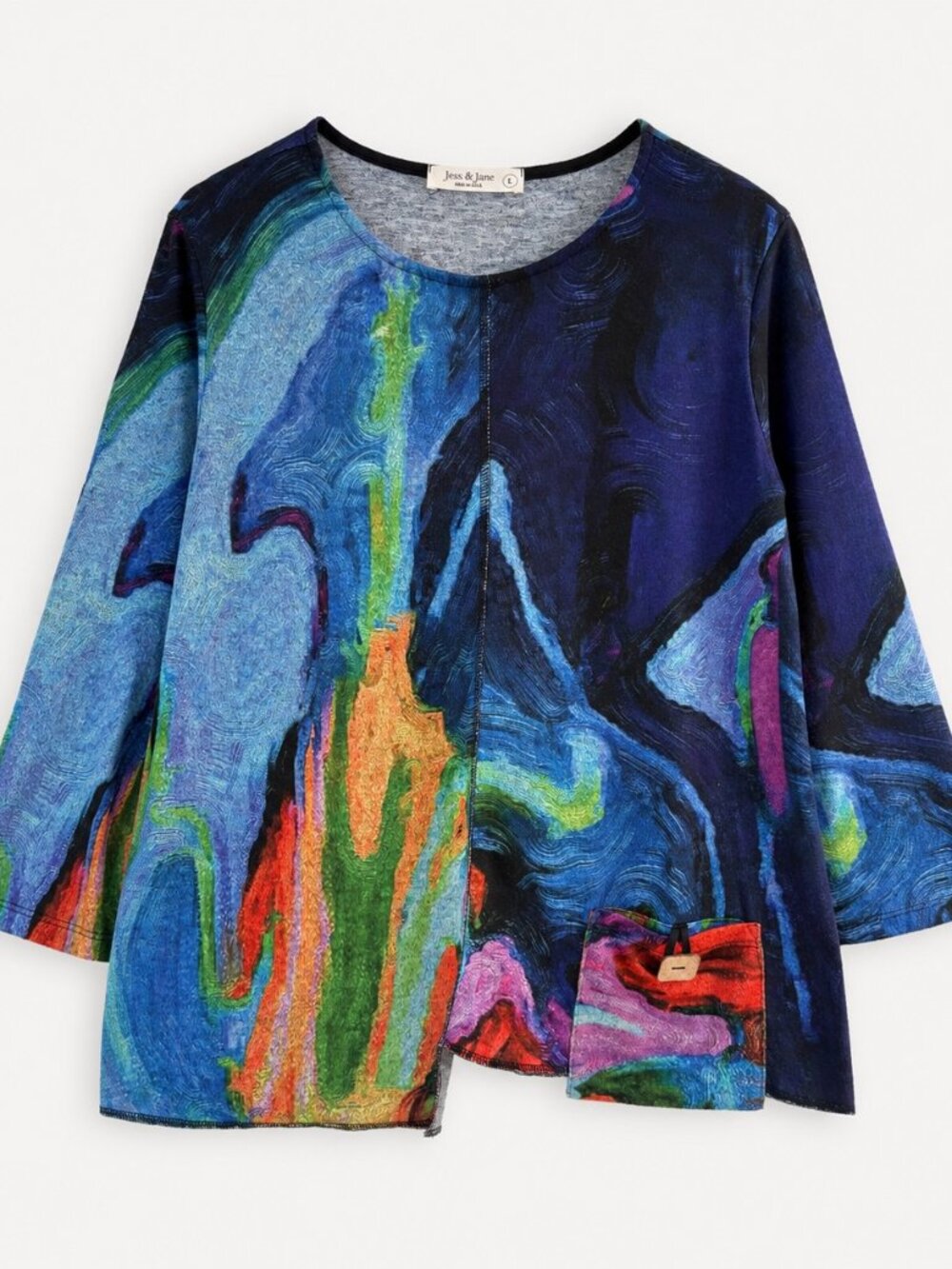 Jess & Jane French Brush Knit Abstract Art Print Tunic Top L Blue Patch Pocket